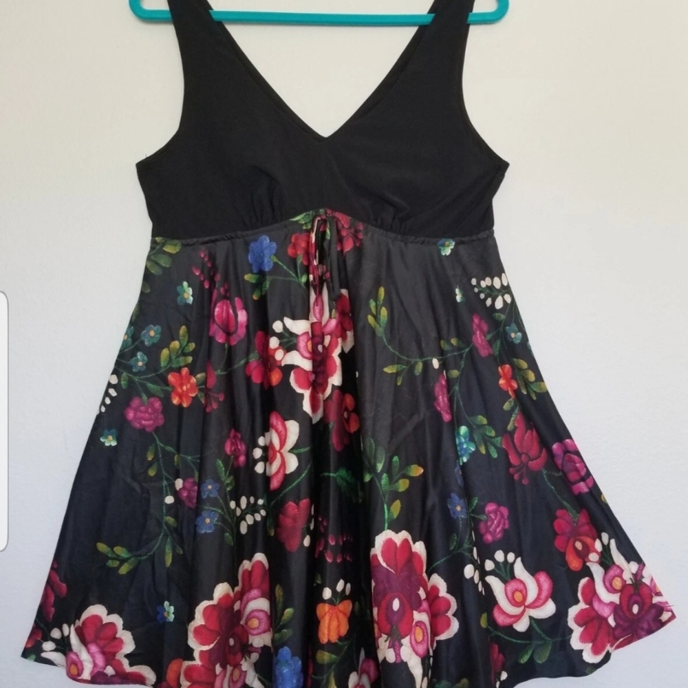 N Natori Black/Floral Combo Slip Gathered Bust Drawstring Tie Babydoll Chemise S